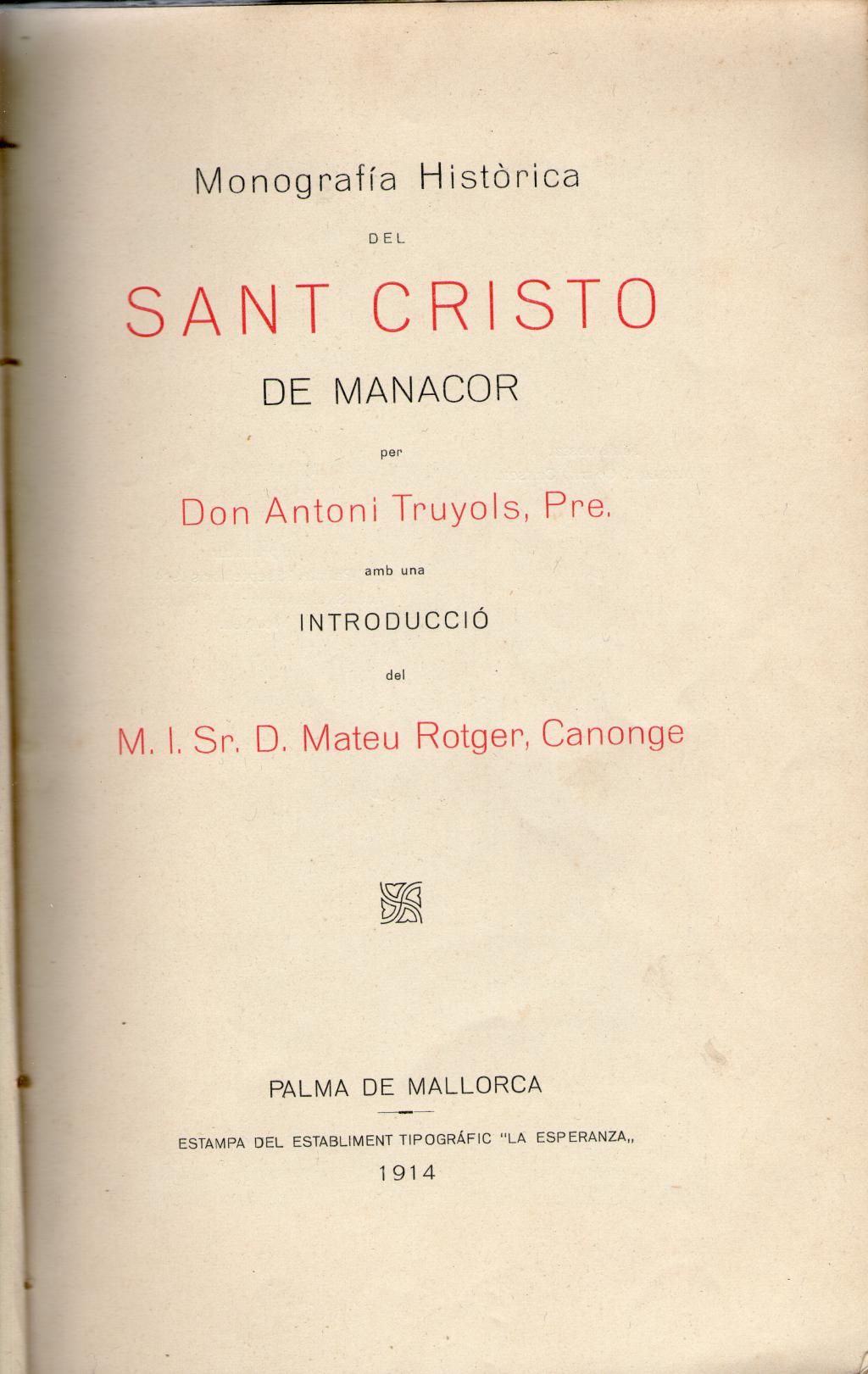 Coberta de Monografia històrica del Sant Cristo de Manacor